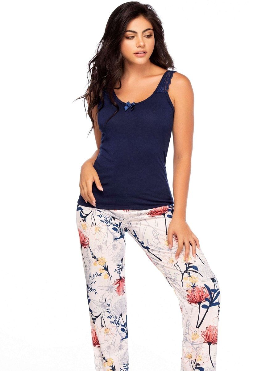 Lina | Navy Blue Satin Pant Set - Two piece Floral PJs Sleepwear