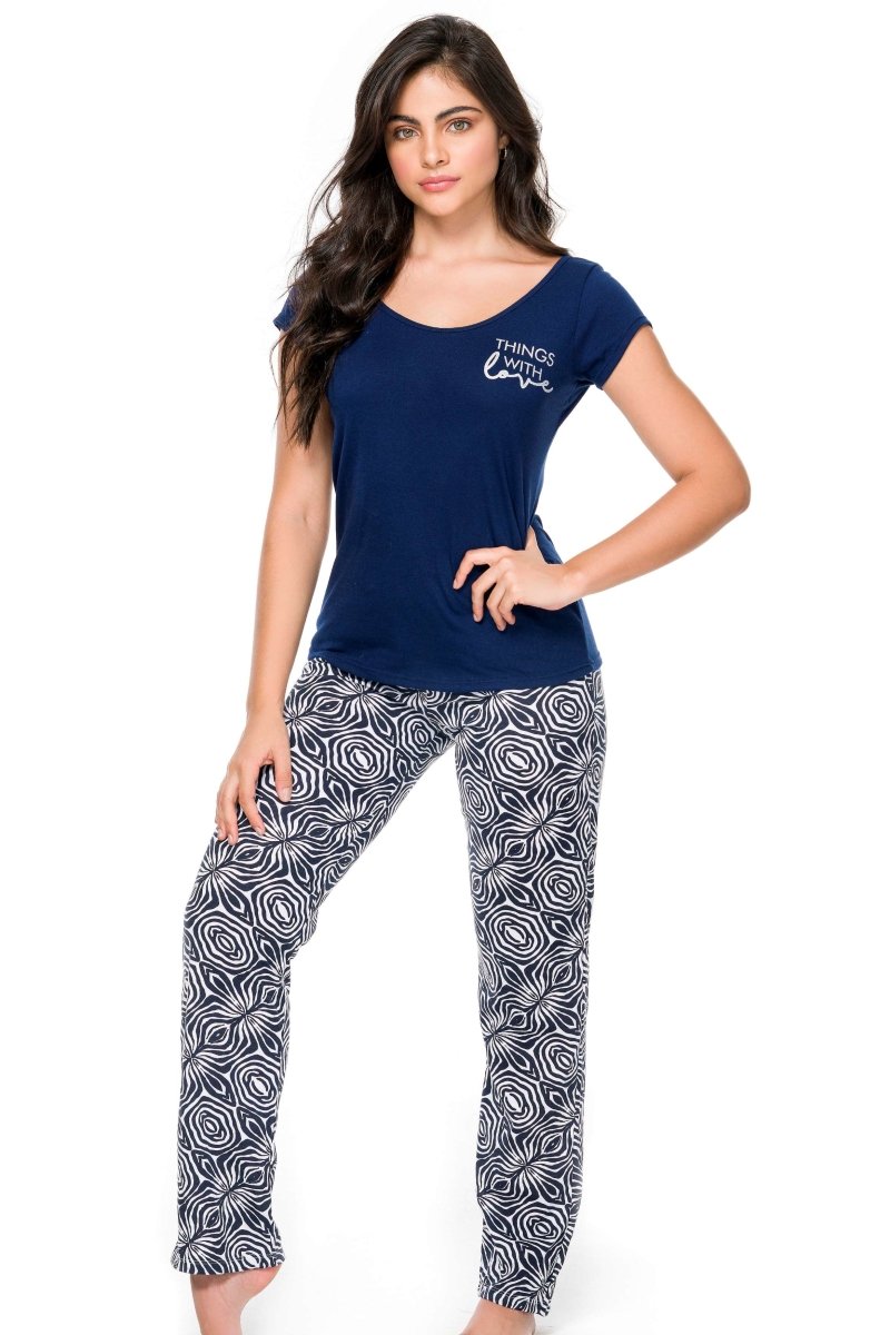 Lina | Navy Blue Satin Pant Set - Two piece Floral PJs Sleepwear